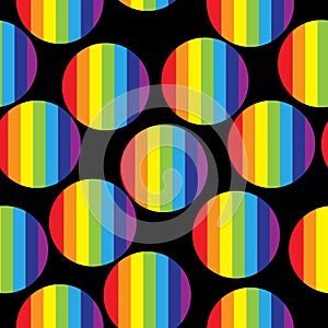 Seamless rainbow pattern of bright striped circles on a black background vector illustration