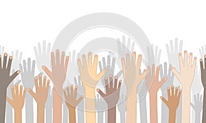 Seamless raised human hands on background of silhouettes of hands up, isolated. Racial equality, diversity multiethnic people.