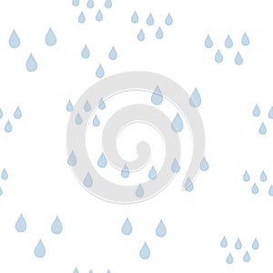 Seamless random baby pattern with blue water drops on white background. Nature, liquid, rain pattern. Vector