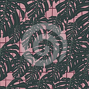 Seamless random dark botanic pattern with monstera leaf ornament. Pink chequered background