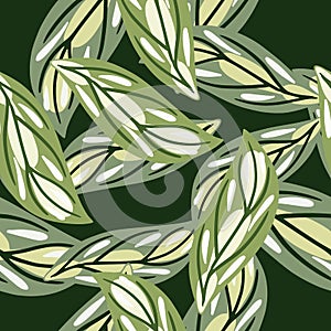 Seamless random pattern with green abstract contoured leaf shapes. Dark green background. Simple design