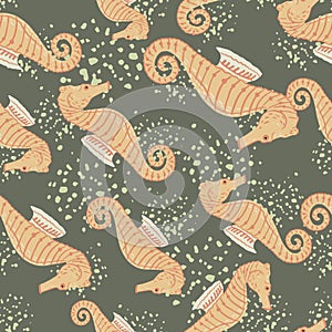 Seamless random pattern with orange seahorse doodle ornament. Grey backround with splashes. Tropic print
