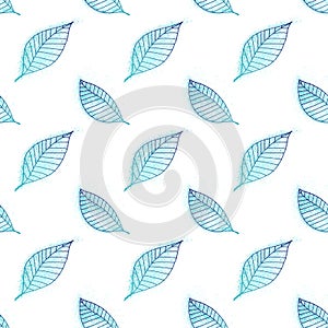 Seamless raster pattern with blue leaves and splashes on a white background