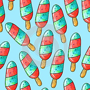 Seamless raster pattern of blue red ice cream on stick with creamy taste on light blue background