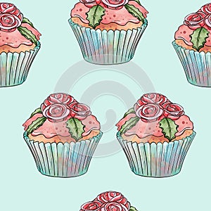 Seamless raster pattern of cupcakes with blue base and pink creamy berry fillings on light blue background