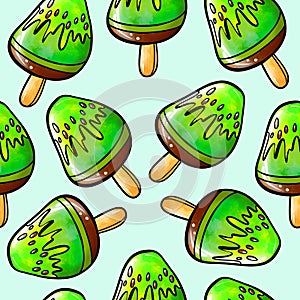 Seamless raster pattern of green ice cream on stick with kiwi fruit flavor on light blue background