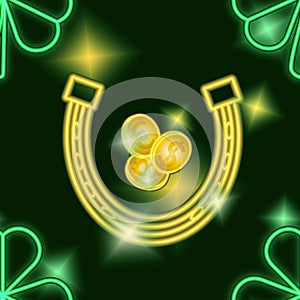 Seamless raster pattern for St. Patrick`s Day. Green leaves of clover and gold horseshoes with coins.