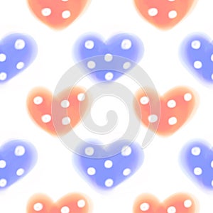 Seamless raster pattern. Watercolor background with hand drawn closeup hearts with dots.