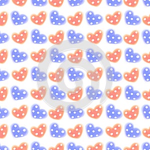 Seamless raster pattern. Watercolor background with hand drawn hearts with dots.