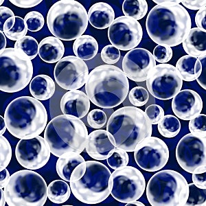 Seamless raster pattern. White transparent bubbles of different sizes scattered chaotically on a blue.