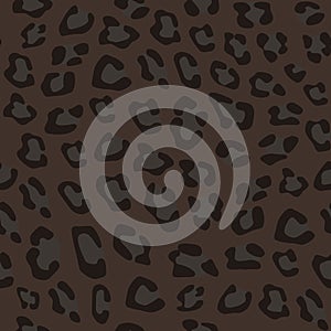 Seamless realistic animal pattern. Imitation of skin of black leopard, panther. Black and grey spots on brown background.