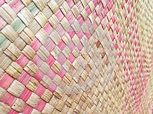 Seamless realistic old bamboo weave basket repeat pattern. Texture of golden yellow rattan mat for background and interior design