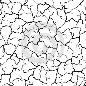 Seamless realistic pattern. Imitation print of dry soil of desert. Black crack on white background.