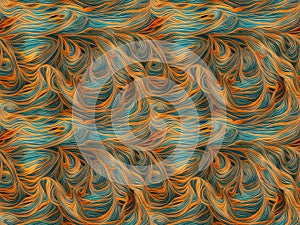 Seamless Rectangle Tile, 4 Combined Together for Visual Effect, Wavy Style, Main Colors Blue Orange, Unique Pattern Design