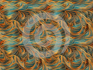 Seamless Rectangle Tile, 4 Combined Together for Visual Effect, Wavy Style, Main Colors Blue Orange, Unique Pattern Design