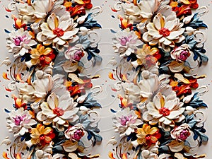 Seamless Rectangle Tile, 4 Combined for Visual Display, Thick Paint Splash Floral Style, 3D Effect, Nature, Multi Colored, Unique