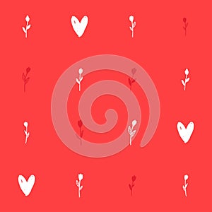 Seamless red background with hearts in flowers