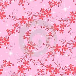 Seamless red clover and star shines pattern. Pink Background Texture
