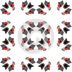 Seamless red earphone and black bag isolated on white background,Abstract pattern