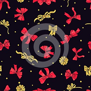 Seamless red and glittering golden bows pattern