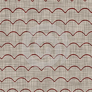 Seamless red grey wave stripe texture. Woven linen cotton dyed effect background. Homespun primitive textile fabric