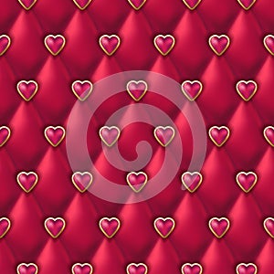 Seamless red leather texture with pink golden hearts buttons. Vector silk satin textile, Valentines day background.