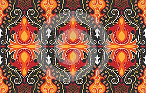 Seamless red-orange fabric pattern adorned with traditional Central Asian motifs.EP.2