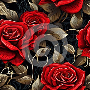 Seamless red rose, black background. Leaves. More details by Generative AI