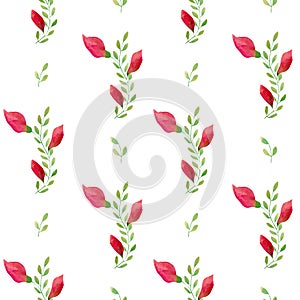 Seamless red roses floral pattern. Watercolor background with red and pink rose bud flowers and green leaf and branches for