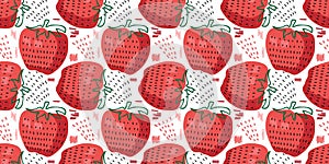 Seamless Red Strawberry pattern. Textured berries. Vector red sweet juicy berries. Scribble style with fresh fruit for