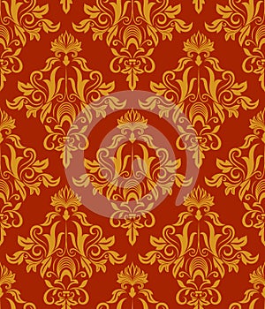 Seamless red and yellow vintage damask wallpaper pattern.
