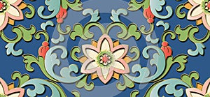 Seamless relief sculpture decoration retro pattern Chinese botanic garden flower leaf spiral cross vine