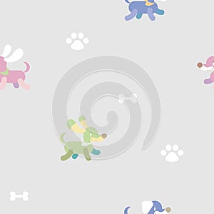 Seamless repeat pattern animal pet dachshund sausage dog repeat pattern with paw foot print and bone, background
