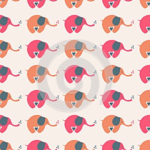 Seamless repeat pattern of baby elephants and hearts in cream, red and orange. Happy animal geometric vector design