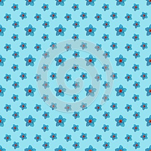 Seamless repeat pattern with blue flowers on light blue background. drawn fabric, gift wrap, wall art design, wrapping paper,