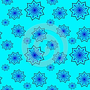 Seamless repeat pattern with blue flowers on turquoise background. drawn fabric, gift wrap, wall art design, wrapping paper, ba