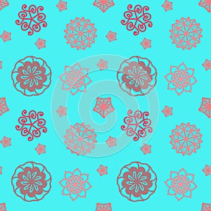 Seamless repeat pattern with brown, baige and red flowers in on blue background. drawn fabric, gift wrap, wall art design, wrapp