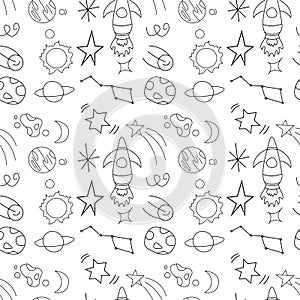 Seamless repeat pattern children`s space rocket, space, planets, stars on white background, vector illustration.