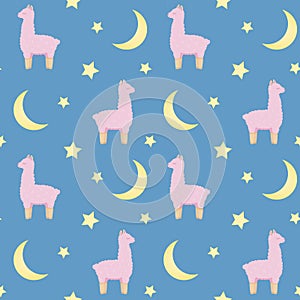 Seamless repeat pattern with cute pink fluffy llamas or alpacas on blue background