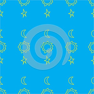 Seamless repeat pattern space, planets, stars on blue background, vector illustration. Modern and original textile