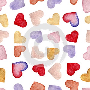 Seamless repeat pattern with watercolor hearts isolated on white background