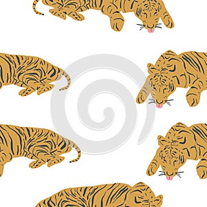 Seamless repeat tiger pattern. Vector pattern of big cats. Exotic animals pattern. Tiger King. White background.