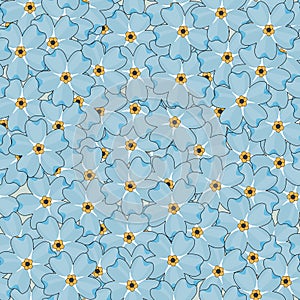 Seamless repeat vector pattern of Blue forget-me-not plants are on pastel blue background. Flowers are formed into seamless