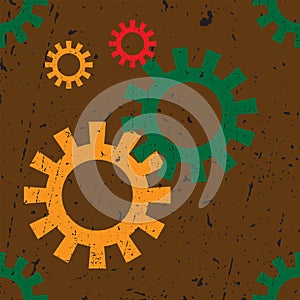Seamless repeat vector pattern of steampunk gear wheels textured on brown rust background