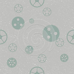 Seamless repeat vector pattern of steampunk gear wheels textured on green background