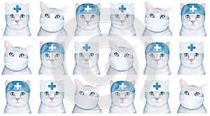 Seamless repeatable pattern with cute kittens wearing protective mask and doctor costume.