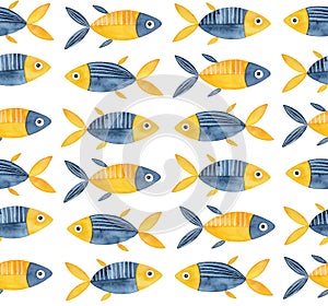 Seamless repeatable pattern with cute little fish in navy blue and bright yellow color.