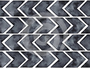 Seamless repeatable pattern of grunge dark black arrow signs with artistic brushstrokes, washes, stains and marks.