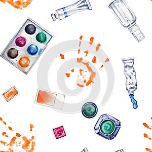 Seamless repeatable pattern with hand prints, paint set, water spray bottle. Watercolor illustration isolated on white background