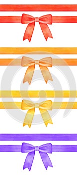 Seamless repeatable ribbons decorated with big festive bows in various colors: red, orange, yellow and purple.